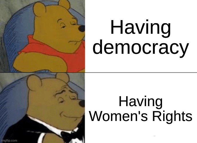 Tuxedo Winnie The Pooh | Having democracy; Having Women's Rights | image tagged in memes,tuxedo winnie the pooh | made w/ Imgflip meme maker