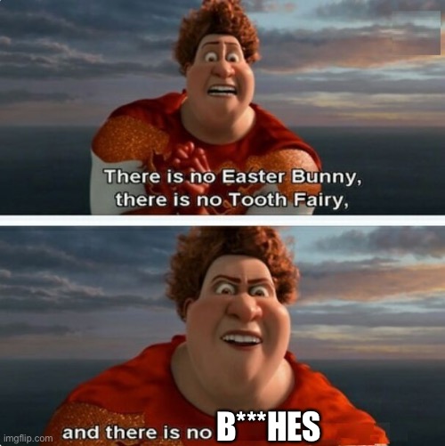 TIGHTEN MEGAMIND "THERE IS NO EASTER BUNNY" | B***HES | image tagged in tighten megamind there is no easter bunny | made w/ Imgflip meme maker