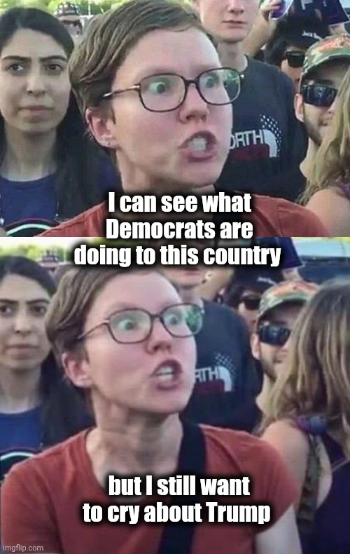 I can see what Democrats are doing to this country but I still want to cry about Trump | image tagged in triggered liberal,angry liberal | made w/ Imgflip meme maker