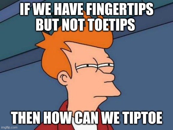 tiptoes | IF WE HAVE FINGERTIPS BUT NOT TOETIPS; THEN HOW CAN WE TIPTOE | image tagged in memes,futurama fry | made w/ Imgflip meme maker