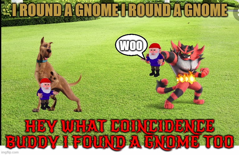 scooby and the gnomes | I ROUND A GNOME I ROUND A GNOME; WOO; HEY WHAT COINCIDENCE BUDDY I FOUND A GNOME TOO | image tagged in horse shows are like a lawn,dogs,cats,gnomes,warner bros | made w/ Imgflip meme maker