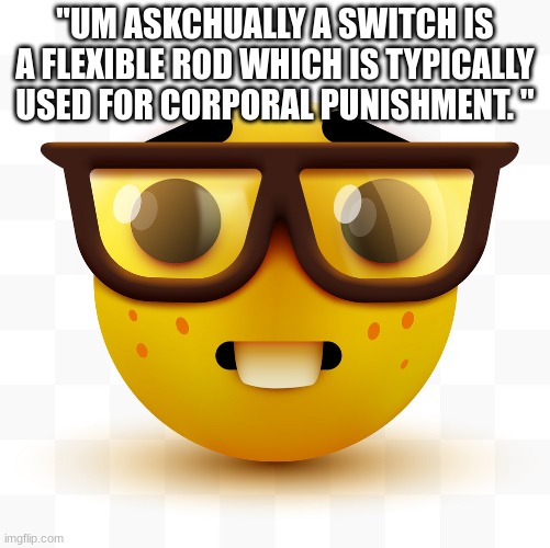 Nerd emoji | "UM ASKCHUALLY A SWITCH IS A FLEXIBLE ROD WHICH IS TYPICALLY USED FOR CORPORAL PUNISHMENT. " | image tagged in nerd emoji | made w/ Imgflip meme maker