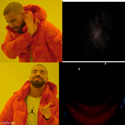 I prefer Huggy Wuggy as phase 48 uncanny | image tagged in mr incredible becoming uncanny,drake hotline bling | made w/ Imgflip meme maker