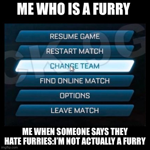 Best tactic in my opinion | ME WHO IS A FURRY; ME WHEN SOMEONE SAYS THEY HATE FURRIES:I’M NOT ACTUALLY A FURRY | image tagged in change team | made w/ Imgflip meme maker