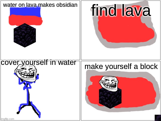 yes | water on lava makes obsidian; find lava; cover yourself in water; make yourself a block | image tagged in memes,blank comic panel 2x2 | made w/ Imgflip meme maker