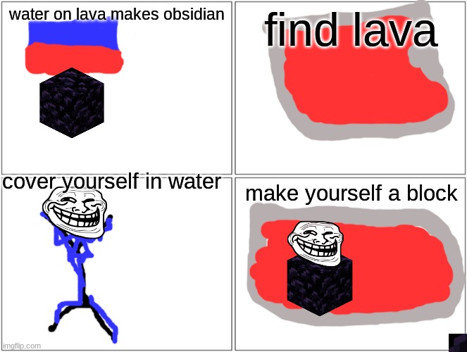 hm |  water on lava makes obsidian; find lava; cover yourself in water; make yourself a block | image tagged in memes,blank comic panel 2x2 | made w/ Imgflip meme maker