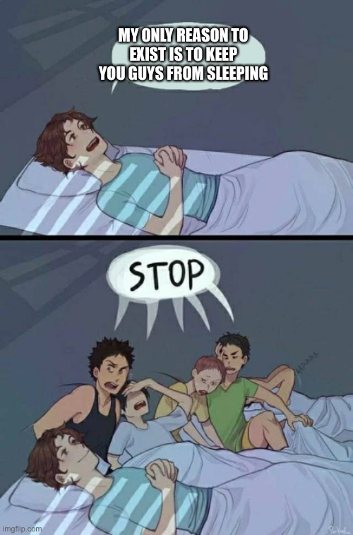 Sleepover Stop | MY ONLY REASON TO EXIST IS TO KEEP YOU GUYS FROM SLEEPING | image tagged in sleepover stop | made w/ Imgflip meme maker