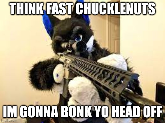 gun2 | THINK FAST CHUCKLENUTS IM GONNA BONK YO HEAD OFF | image tagged in gun2 | made w/ Imgflip meme maker