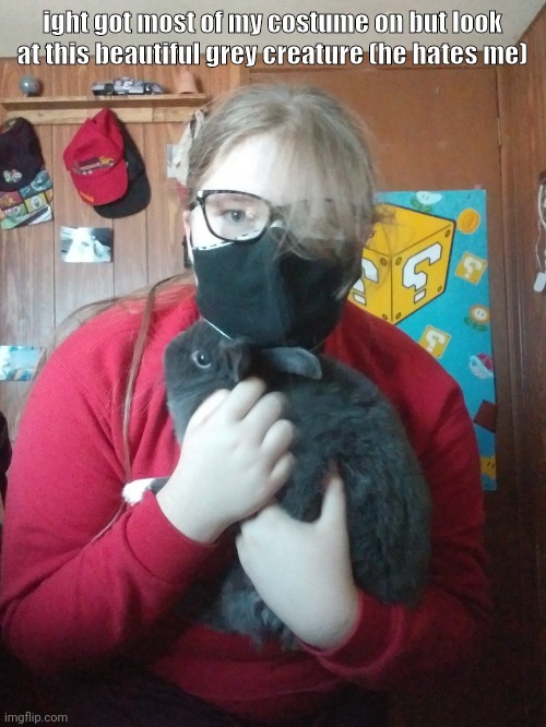 I'm so fat i look like I'm about to eat him☠️ | ight got most of my costume on but look at this beautiful grey creature (he hates me) | made w/ Imgflip meme maker