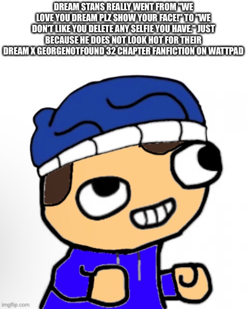 DREAM STANS REALLY WENT FROM "WE LOVE YOU DREAM PLZ SHOW YOUR FACE!" TO "WE DON'T LIKE YOU DELETE ANY SELFIE YOU HAVE." JUST BECAUSE HE DOES NOT LOOK HOT FOR THEIR DREAM X GEORGENOTFOUND 32 CHAPTER FANFICTION ON WATTPAD | made w/ Imgflip meme maker