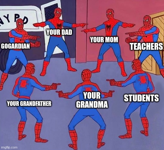 School | YOUR MOM; YOUR DAD; TEACHERS; GOGARDIAN; STUDENTS; YOUR GRANDMA; YOUR GRANDFATHER | image tagged in same spider man 7 | made w/ Imgflip meme maker