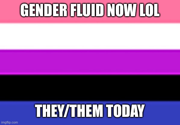 Yay fun | GENDER FLUID NOW LOL; THEY/THEM TODAY | image tagged in genderfluid flag | made w/ Imgflip meme maker