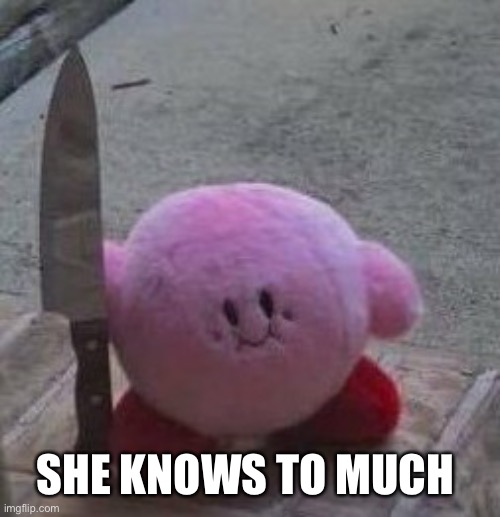 creepy kirby | SHE KNOWS TO MUCH | image tagged in creepy kirby | made w/ Imgflip meme maker