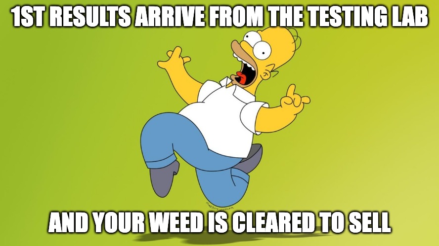 The test results are in | 1ST RESULTS ARRIVE FROM THE TESTING LAB; AND YOUR WEED IS CLEARED TO SELL | image tagged in homer simpson celebrate | made w/ Imgflip meme maker