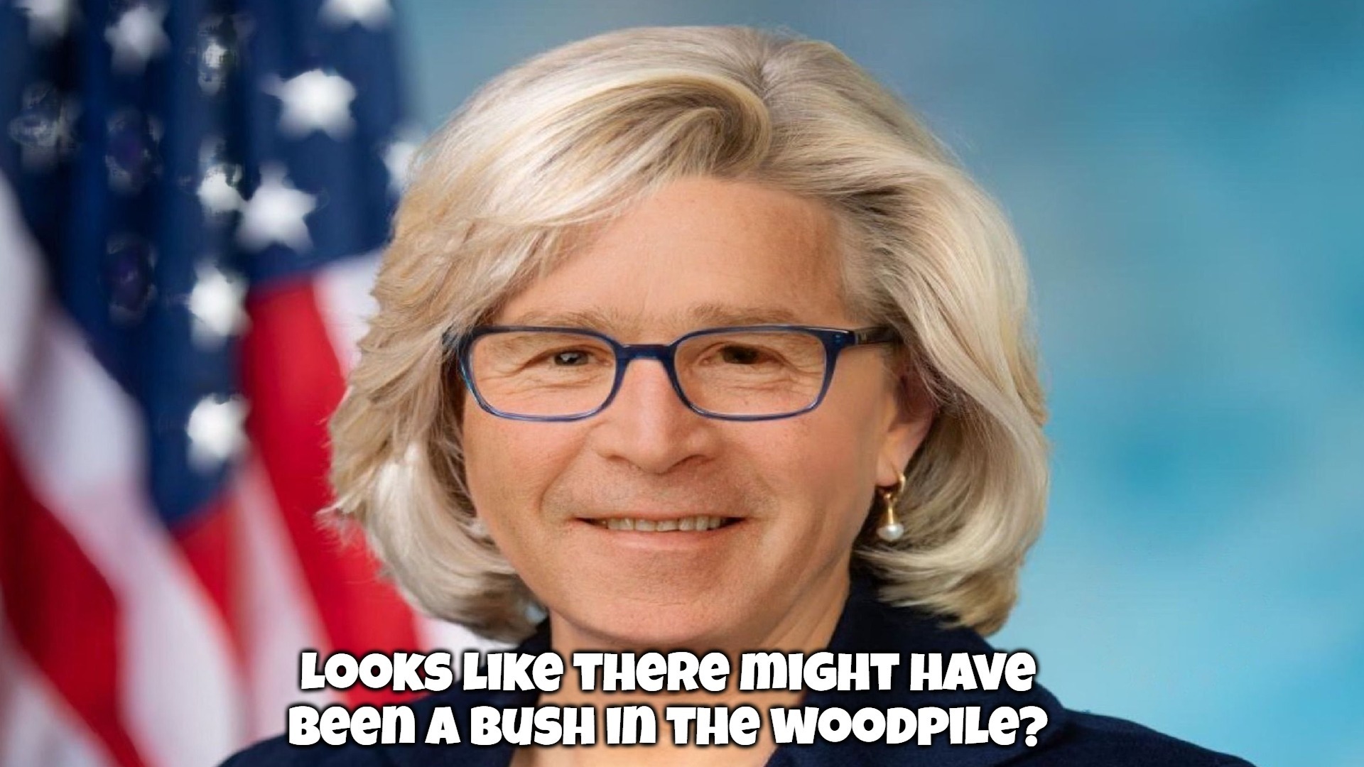 Hoosier Daddy: Looks like there might have been a Bush in the woodpile? | image tagged in liz cheney,george bush,hoosier daddy,whos your daddy,who's your daddy | made w/ Imgflip meme maker