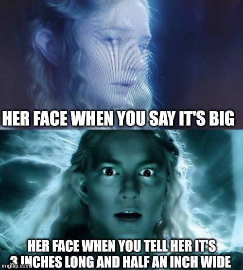 Dig ol bicks | HER FACE WHEN YOU SAY IT'S BIG; HER FACE WHEN YOU TELL HER IT'S 3 INCHES LONG AND HALF AN INCH WIDE | image tagged in funny,memes | made w/ Imgflip meme maker
