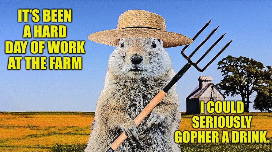 Gopher | IT’S BEEN A HARD DAY OF WORK AT THE FARM; I COULD SERIOUSLY GOPHER A DRINK. | image tagged in bad pun | made w/ Imgflip meme maker