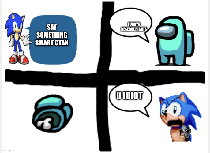 Furrys are garbage | FURRYS DESERVE RIGHTS; SAY SOMETHING SMART CYAN; U IDIOT | image tagged in sonic says nope,anti furry,no furry rights | made w/ Imgflip meme maker