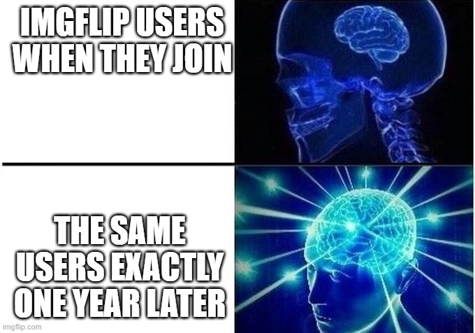 happened to me | IMGFLIP USERS WHEN THEY JOIN; THE SAME USERS EXACTLY ONE YEAR LATER | image tagged in expanding brain 2,expanding brain,new users | made w/ Imgflip meme maker