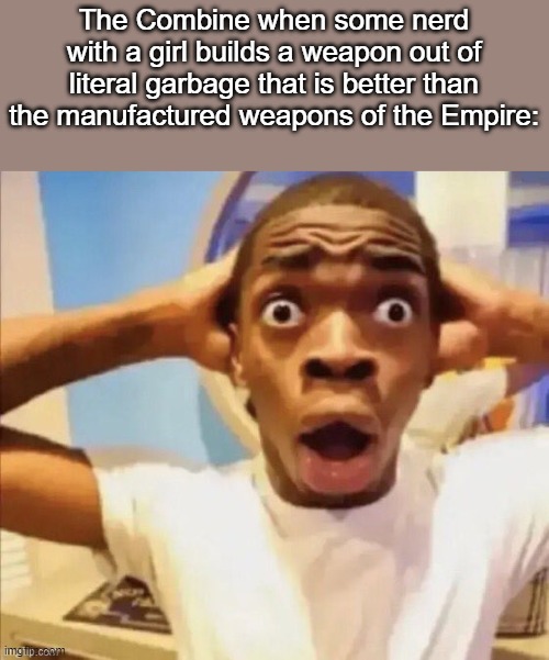 when Gordon and Alyx: | The Combine when some nerd with a girl builds a weapon out of literal garbage that is better than the manufactured weapons of the Empire: | image tagged in in shock | made w/ Imgflip meme maker