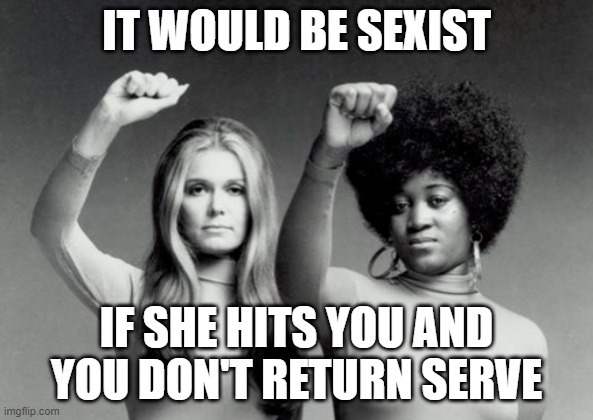 equal rights | IT WOULD BE SEXIST IF SHE HITS YOU AND YOU DON'T RETURN SERVE | image tagged in equal rights | made w/ Imgflip meme maker