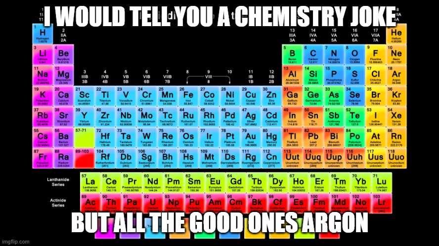 Periodic Pun | I WOULD TELL YOU A CHEMISTRY JOKE; BUT ALL THE GOOD ONES ARGON | image tagged in periodic table of elements | made w/ Imgflip meme maker