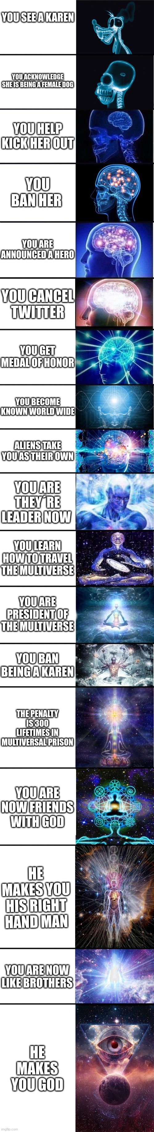 the ultimate experience | YOU SEE A KAREN; YOU ACKNOWLEDGE SHE IS BEING A FEMALE DOG; YOU HELP KICK HER OUT; YOU BAN HER; YOU ARE ANNOUNCED A HERO; YOU CANCEL TWITTER; YOU GET MEDAL OF HONOR; YOU BECOME KNOWN WORLD WIDE; ALIENS TAKE YOU AS THEIR OWN; YOU ARE THEY´RE LEADER NOW; YOU LEARN HOW TO TRAVEL THE MULTIVERSE; YOU ARE PRESIDENT OF THE MULTIVERSE; YOU BAN BEING A KAREN; THE PENALTY IS 300 LIFETIMES IN MULTIVERSAL PRISON; YOU ARE NOW FRIENDS WITH GOD; HE MAKES YOU HIS RIGHT HAND MAN; YOU ARE NOW LIKE BROTHERS; HE MAKES YOU GOD | image tagged in expanding brain 9001 | made w/ Imgflip meme maker