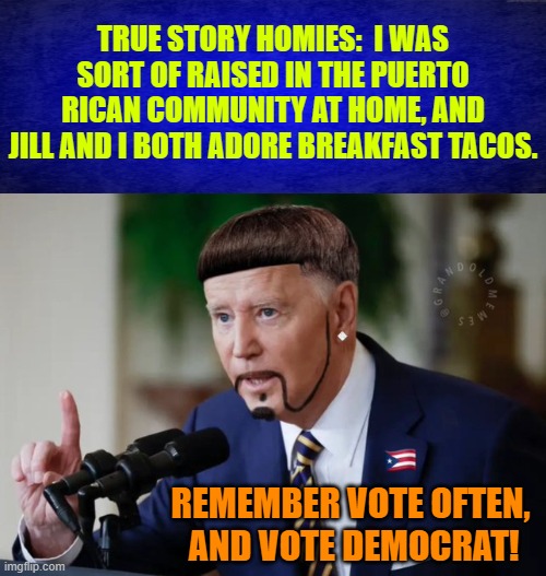 Biden addresses the Puerto Ricans. | TRUE STORY HOMIES:  I WAS SORT OF RAISED IN THE PUERTO RICAN COMMUNITY AT HOME, AND JILL AND I BOTH ADORE BREAKFAST TACOS. REMEMBER VOTE OFTEN,  AND VOTE DEMOCRAT! | image tagged in weird | made w/ Imgflip meme maker