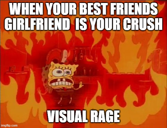 School in a nutshell | WHEN YOUR BEST FRIENDS GIRLFRIEND  IS YOUR CRUSH; VISUAL RAGE | image tagged in burning spongebob | made w/ Imgflip meme maker