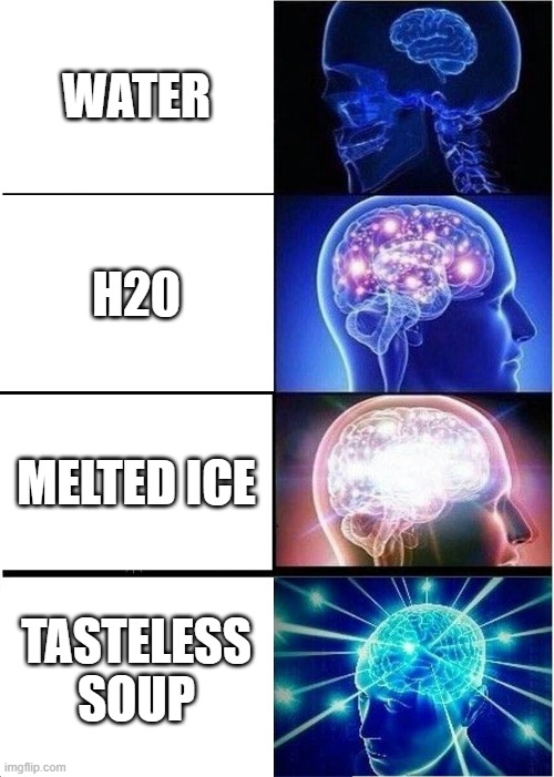 How to say water in different words |  WATER; H20; MELTED ICE; TASTELESS SOUP | image tagged in memes,expanding brain | made w/ Imgflip meme maker