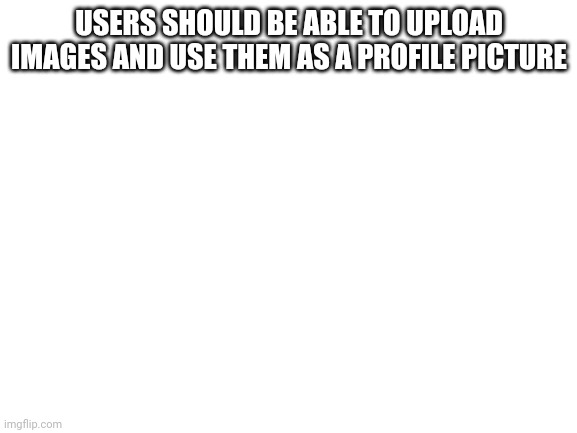 Because the ones you make yourself on the site kinda suck. | USERS SHOULD BE ABLE TO UPLOAD IMAGES AND USE THEM AS A PROFILE PICTURE | image tagged in blank white template | made w/ Imgflip meme maker