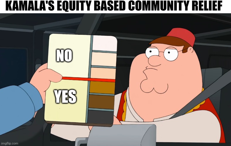 FEMA had to set the record straight and say "all communities" will be served | KAMALA'S EQUITY BASED COMMUNITY RELIEF; NO; YES | image tagged in family guy race card,democrats,kamala harris,biden | made w/ Imgflip meme maker
