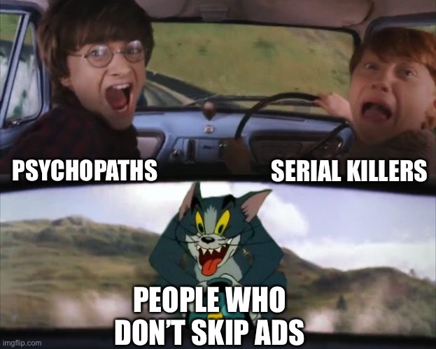 Tom chasing Harry and Ron Weasly | SERIAL KILLERS; PSYCHOPATHS; PEOPLE WHO DON’T SKIP ADS | image tagged in tom chasing harry and ron weasly,memes,funny,dank memes,from comment,youtube ads | made w/ Imgflip meme maker