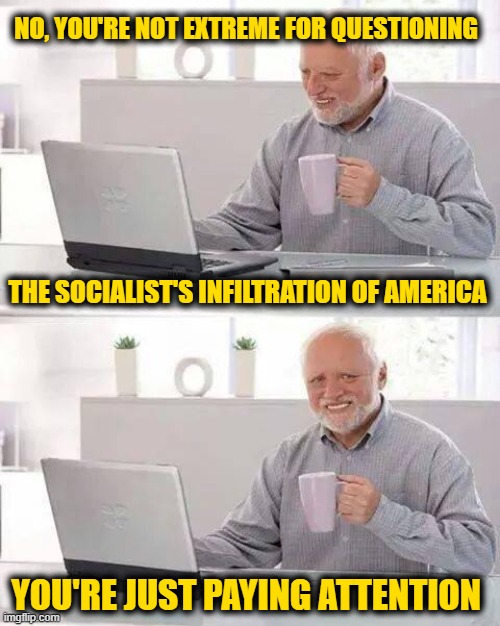 Hide the Pain Harold Meme | NO, YOU'RE NOT EXTREME FOR QUESTIONING THE SOCIALIST'S INFILTRATION OF AMERICA YOU'RE JUST PAYING ATTENTION | image tagged in memes,hide the pain harold | made w/ Imgflip meme maker