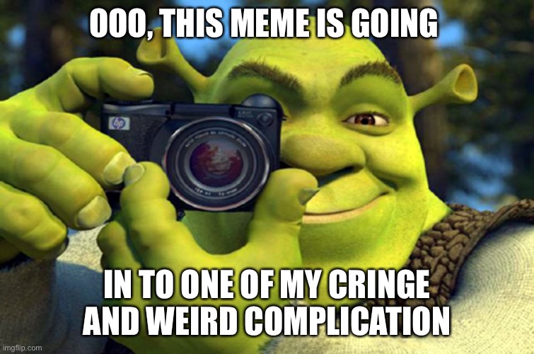 shrek camera | OOO, THIS MEME IS GOING IN TO ONE OF MY CRINGE AND WEIRD COMPLICATION | image tagged in shrek camera | made w/ Imgflip meme maker