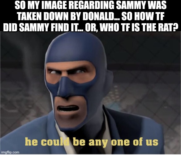 He could be anyone of us | SO MY IMAGE REGARDING SAMMY WAS TAKEN DOWN BY DONALD... SO HOW TF DID SAMMY FIND IT... OR, WHO TF IS THE RAT? | image tagged in he could be anyone of us | made w/ Imgflip meme maker