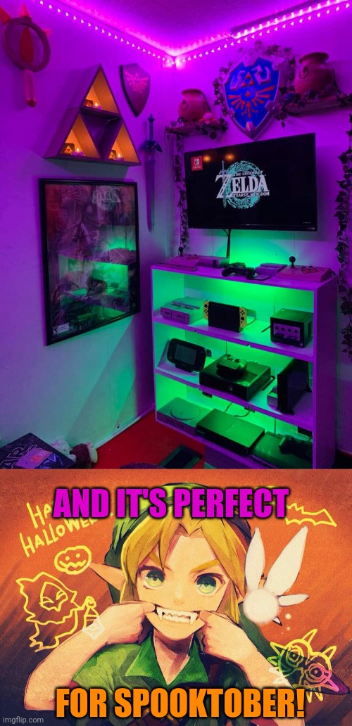 SPOOKY ZELDA SETUP | AND IT'S PERFECT; FOR SPOOKTOBER! | image tagged in the legend of zelda,link,nintendo,nintendo switch,gamecube | made w/ Imgflip meme maker