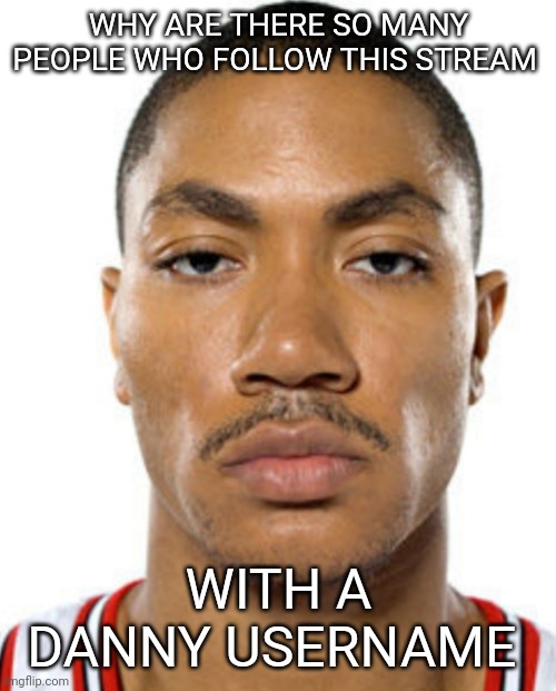 Derrick Rose Straight Face | WHY ARE THERE SO MANY PEOPLE WHO FOLLOW THIS STREAM; WITH A DANNY USERNAME | image tagged in derrick rose straight face | made w/ Imgflip meme maker