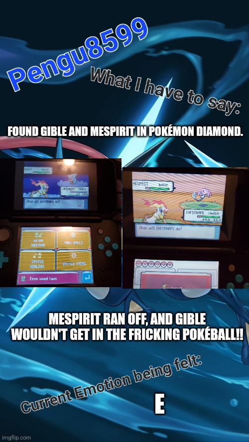 It took forever but I finally kidna- I mean caught Gible | FOUND GIBLE AND MESPIRIT IN POKÉMON DIAMOND. MESPIRIT RAN OFF, AND GIBLE WOULDN'T GET IN THE FRICKING POKÉBALL!! E | made w/ Imgflip meme maker