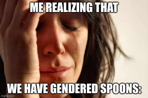 I'm not lying, look up female spoon. I promise you that you will cringe hella hard. | ME REALIZING THAT; WE HAVE GENDERED SPOONS: | image tagged in memes,first world problems | made w/ Imgflip meme maker