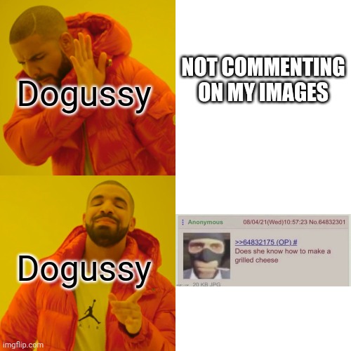 Drake Hotline Bling Meme | Dogussy Dogussy NOT COMMENTING ON MY IMAGES | image tagged in memes,drake hotline bling | made w/ Imgflip meme maker