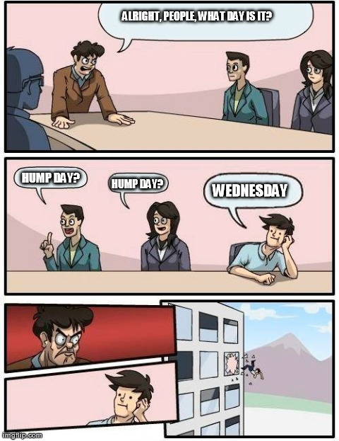 What day is it? | ALRIGHT, PEOPLE, WHAT DAY IS IT? HUMP DAY? HUMP DAY? WEDNESDAY | image tagged in memes,boardroom meeting suggestion | made w/ Imgflip meme maker