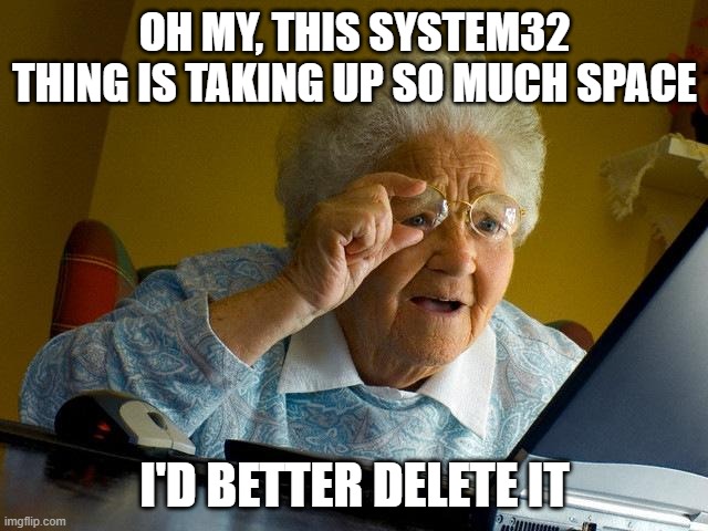 Grandma Finds The Internet | OH MY, THIS SYSTEM32 THING IS TAKING UP SO MUCH SPACE; I'D BETTER DELETE IT | image tagged in memes,grandma finds the internet | made w/ Imgflip meme maker