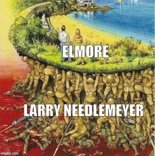 Larry goes through so much | ELMORE; LARRY NEEDLEMEYER | image tagged in soldiers hold up society,tawog,the amazing world of gumball | made w/ Imgflip meme maker