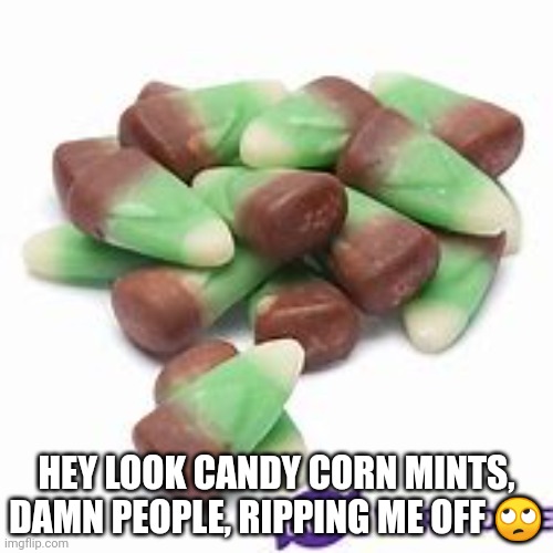 HEY LOOK CANDY CORN MINTS, DAMN PEOPLE, RIPPING ME OFF 🙄 | made w/ Imgflip meme maker
