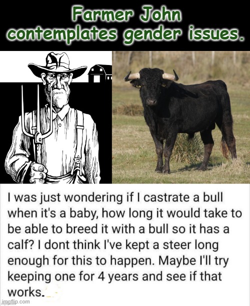 Farmer John | Farmer John
contemplates gender issues. | image tagged in gender confusion | made w/ Imgflip meme maker