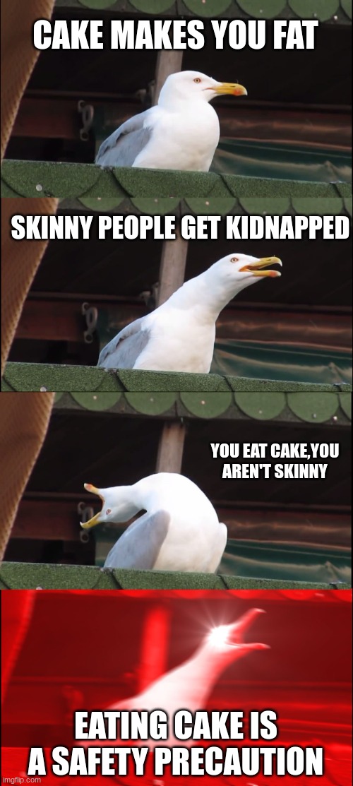 Inhaling Seagull | CAKE MAKES YOU FAT; SKINNY PEOPLE GET KIDNAPPED; YOU EAT CAKE,YOU AREN'T SKINNY; EATING CAKE IS A SAFETY PRECAUTION | image tagged in memes,inhaling seagull | made w/ Imgflip meme maker