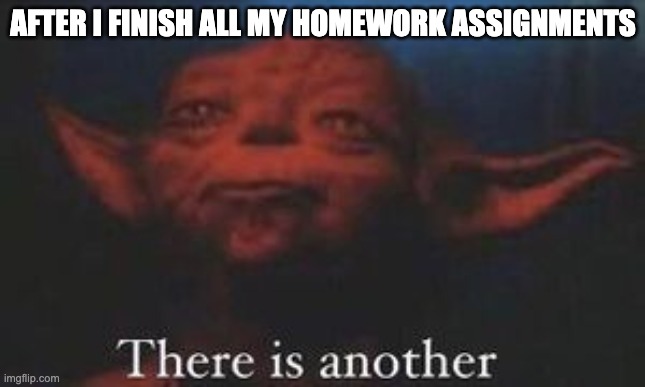 Homework assighnments | AFTER I FINISH ALL MY HOMEWORK ASSIGNMENTS | image tagged in yoda there is another | made w/ Imgflip meme maker