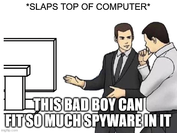 Trying to make sure it'll never be FULL of spyware |  *SLAPS TOP OF COMPUTER*; THIS BAD BOY CAN FIT SO MUCH SPYWARE IN IT | image tagged in computer,car salesman slaps hood | made w/ Imgflip meme maker