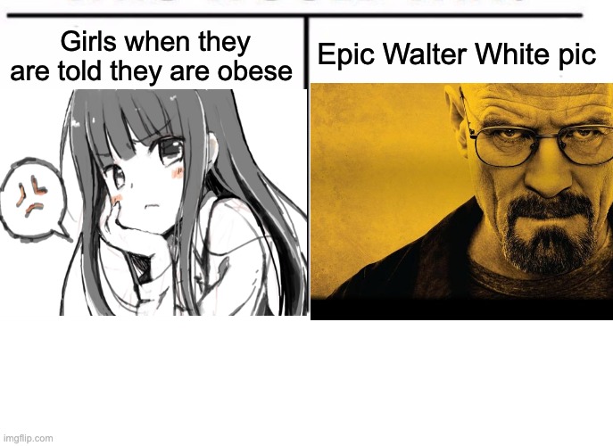 relatable | Epic Walter White pic; Girls when they are told they are obese | image tagged in comparison table | made w/ Imgflip meme maker